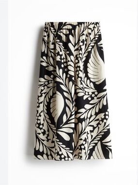 H&M Black and Cream Botanical Print Flared Midi Skirt 100% Cotton